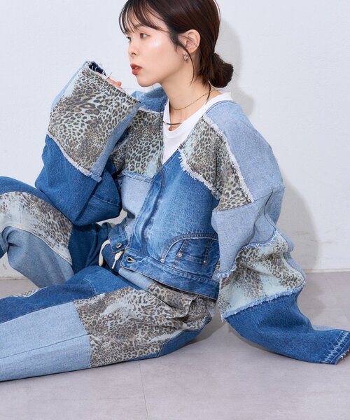 etsinta（エシンタ）の「【etsinta/エシンタ】デニムパッチワークフレアパンツ（デニムパンツ・レディース・オフホワイト/インディゴブルー・ONE SIZE）」の14枚目の写真