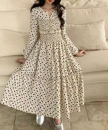 花柄プリントシャーリング ドット柄見えティアードワンピース