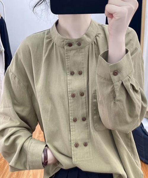 Flugge（フラッジー）の「ダブルボタンノーカラーシャツ（シャツ/ブラウス・レディース・グリーン/アイボリー・LARGE/MEDIUM）」の3枚目の写真