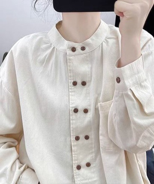 Flugge（フラッジー）の「ダブルボタンノーカラーシャツ（シャツ/ブラウス・レディース・グリーン/アイボリー・LARGE/MEDIUM）」の4枚目の写真