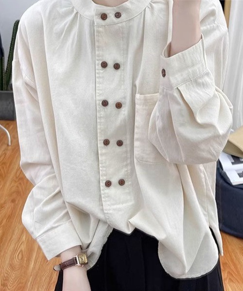 Flugge（フラッジー）の「ダブルボタンノーカラーシャツ（シャツ/ブラウス・レディース・グリーン/アイボリー・LARGE/MEDIUM）」の5枚目の写真