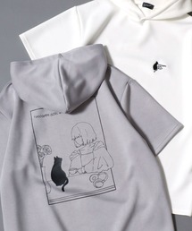 “TASOGARE GIRL&CAT” Cool-Touch Ponte Graphic Hooded Tee / 接触冷感 ポンチ “タソネコ” グラフィック半袖Tパーカー レディース メンズ ユニセックス トップスメンズ