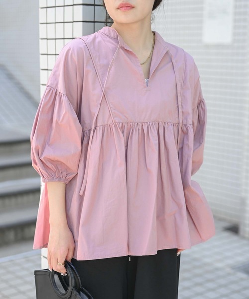 &HALF(アンドハーフ)の「【indian Cotton Collection】インド綿ネックリボン切替ブラウス(シャツ/ブラウス・レディース・ブラック/ライトブルー/ピンク/オフホワイト・M)」の4枚目の写真