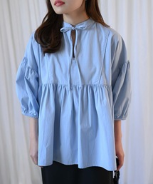 【indian Cotton Collection】インド綿ネックリボン切替ブラウス