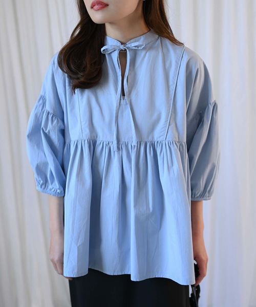 &HALF(アンドハーフ)の「【indian Cotton Collection】インド綿ネックリボン切替ブラウス(シャツ/ブラウス・レディース・ブラック/ライトブルー/ピンク/オフホワイト・M)」の3枚目の写真