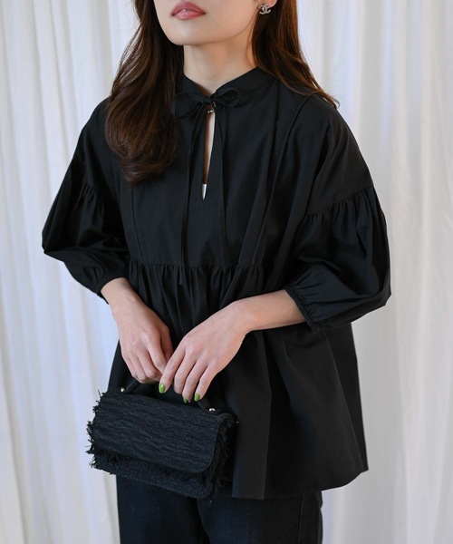 &HALF(アンドハーフ)の「【indian Cotton Collection】インド綿ネックリボン切替ブラウス(シャツ/ブラウス・レディース・ブラック/ライトブルー/ピンク/オフホワイト・M)」の20枚目の写真