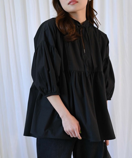&HALF(アンドハーフ)の「【indian Cotton Collection】インド綿ネックリボン切替ブラウス(シャツ/ブラウス・レディース・ブラック/ライトブルー/ピンク/オフホワイト・M)」の21枚目の写真
