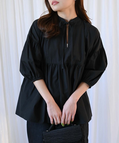 &HALF(アンドハーフ)の「【indian Cotton Collection】インド綿ネックリボン切替ブラウス(シャツ/ブラウス・レディース・ブラック/ライトブルー/ピンク/オフホワイト・M)」の14枚目の写真