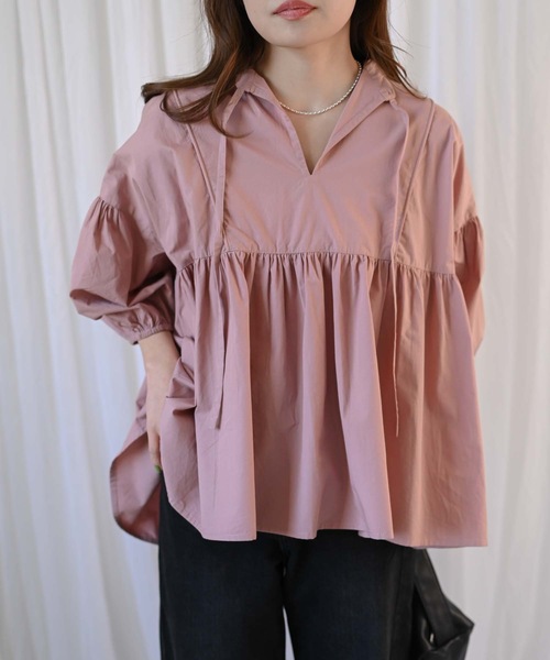 &HALF(アンドハーフ)の「【indian Cotton Collection】インド綿ネックリボン切替ブラウス(シャツ/ブラウス・レディース・ブラック/ライトブルー/ピンク/オフホワイト・M)」の16枚目の写真
