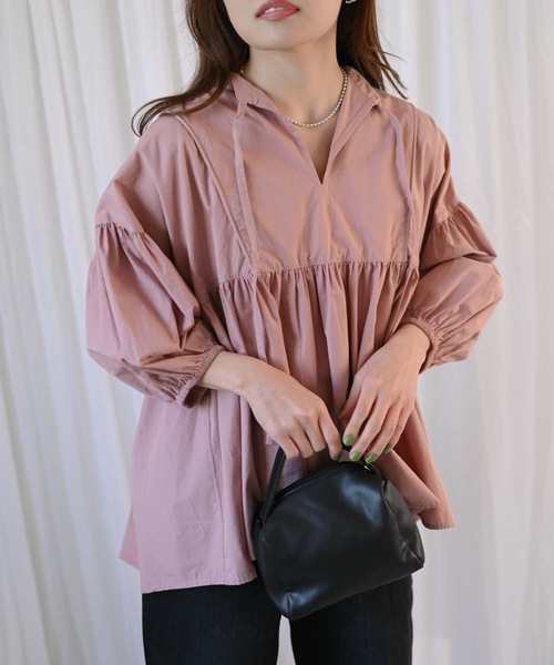 &HALF(アンドハーフ)の「【indian Cotton Collection】インド綿ネックリボン切替ブラウス(シャツ/ブラウス・レディース・ブラック/ライトブルー/ピンク/オフホワイト・M)」の19枚目の写真