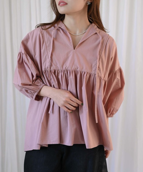 &HALF(アンドハーフ)の「【indian Cotton Collection】インド綿ネックリボン切替ブラウス(シャツ/ブラウス・レディース・ブラック/ライトブルー/ピンク/オフホワイト・M)」の8枚目の写真