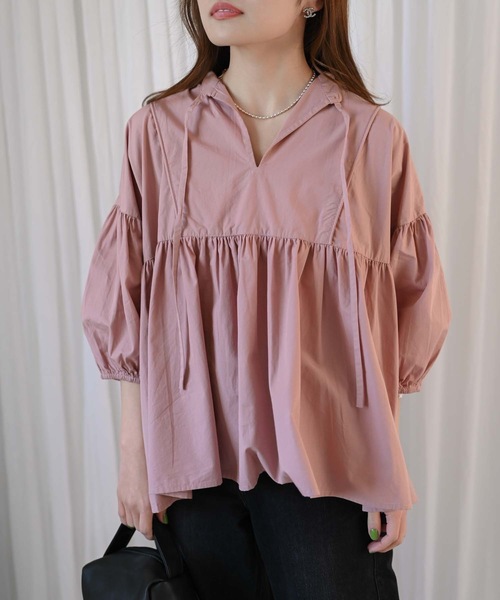 &HALF(アンドハーフ)の「【indian Cotton Collection】インド綿ネックリボン切替ブラウス(シャツ/ブラウス・レディース・ブラック/ライトブルー/ピンク/オフホワイト・M)」の9枚目の写真