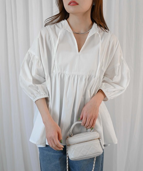 &HALF(アンドハーフ)の「【indian Cotton Collection】インド綿ネックリボン切替ブラウス(シャツ/ブラウス・レディース・ブラック/ライトブルー/ピンク/オフホワイト・M)」の10枚目の写真