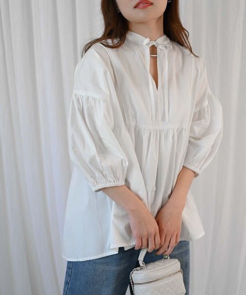 &HALF(アンドハーフ)の「【indian Cotton Collection】インド綿ネックリボン切替ブラウス(シャツ/ブラウス・レディース・ブラック/ライトブルー/ピンク/オフホワイト・M)」の11枚目の写真