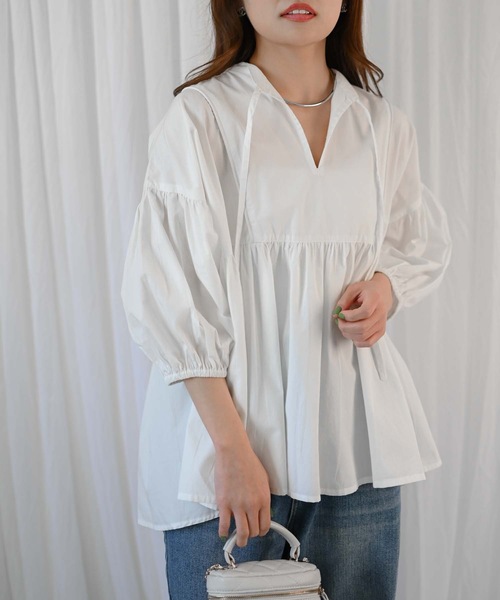 &HALF(アンドハーフ)の「【indian Cotton Collection】インド綿ネックリボン切替ブラウス(シャツ/ブラウス・レディース・ブラック/ライトブルー/ピンク/オフホワイト・M)」の12枚目の写真