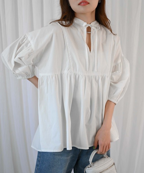 &HALF(アンドハーフ)の「【indian Cotton Collection】インド綿ネックリボン切替ブラウス(シャツ/ブラウス・レディース・ブラック/ライトブルー/ピンク/オフホワイト・M)」の13枚目の写真