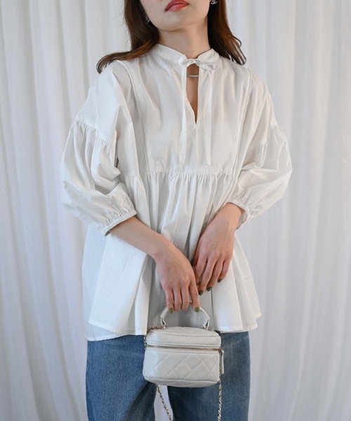 &HALF(アンドハーフ)の「【indian Cotton Collection】インド綿ネックリボン切替ブラウス(シャツ/ブラウス・レディース・ブラック/ライトブルー/ピンク/オフホワイト・M)」の5枚目の写真