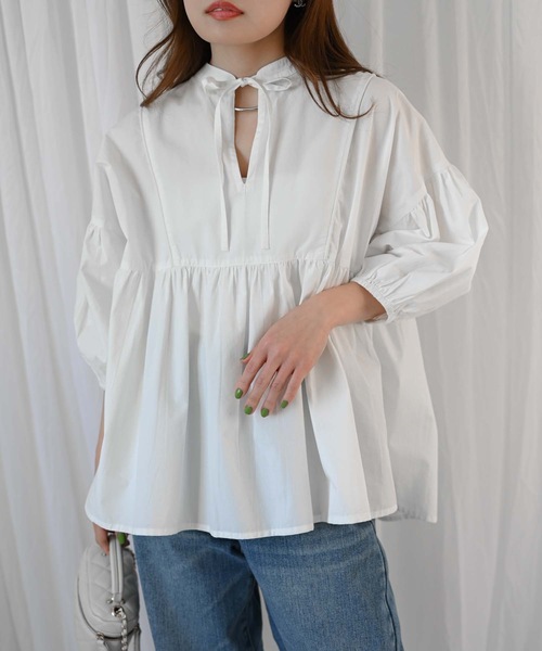 &HALF(アンドハーフ)の「【indian Cotton Collection】インド綿ネックリボン切替ブラウス(シャツ/ブラウス・レディース・ブラック/ライトブルー/ピンク/オフホワイト・M)」の6枚目の写真