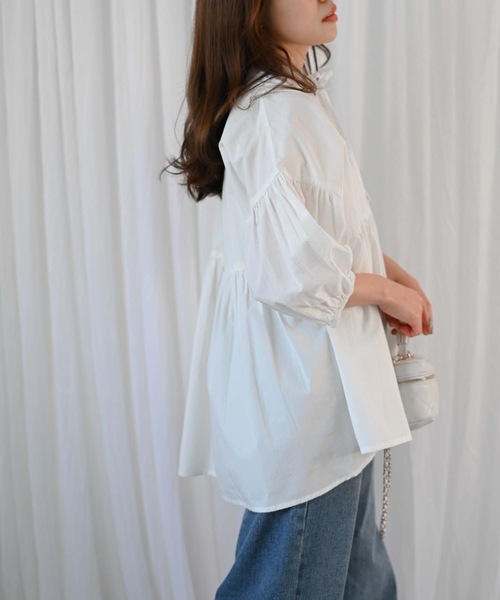 &HALF(アンドハーフ)の「【indian Cotton Collection】インド綿ネックリボン切替ブラウス(シャツ/ブラウス・レディース・ブラック/ライトブルー/ピンク/オフホワイト・M)」の7枚目の写真