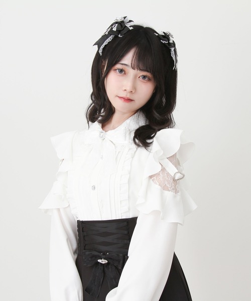 DearMyLove(ディアマイラブ)の「3wayレース重ねフリルビジューブラウス(シャツ/ブラウス・レディース・ブルーグレー/ホワイト・3L/LARGE/MEDIUM)」の8枚目の写真
