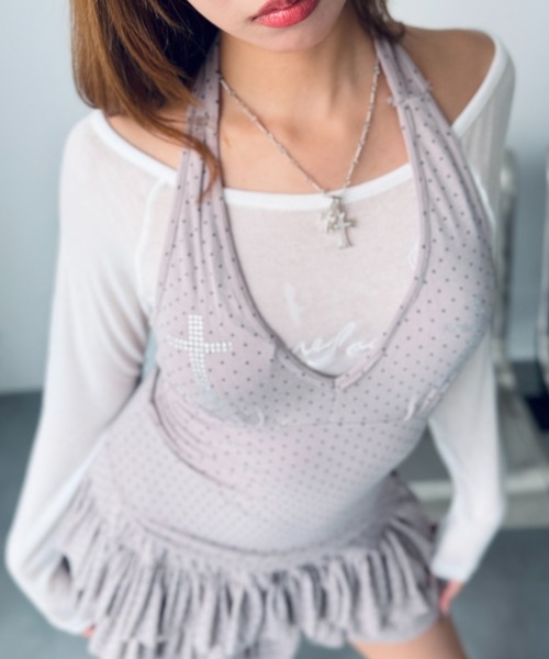 Y2K SYNAPSE FACTORY（ワイツーケー シナプスファクトリー）の「【ラインストーン・クロス】ホルターネックノースリーブ（Tシャツ/カットソー・レディース・ホワイト/ブラック/スモークピンク・FREE）」の17枚目の写真