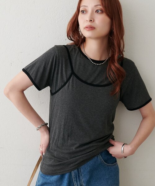 DISCOAT(ディスコート)の「【WEB限定】配色キャミソール×Tシャツセット(Tシャツ/カットソー・レディース・ブラウン/ブルー系その他/アイボリー/グレー・MEDIUM)」の2枚目の写真