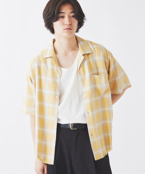 レーヨン アンカット フリンジ オンブレーチェック 半袖シャツ（シャツ