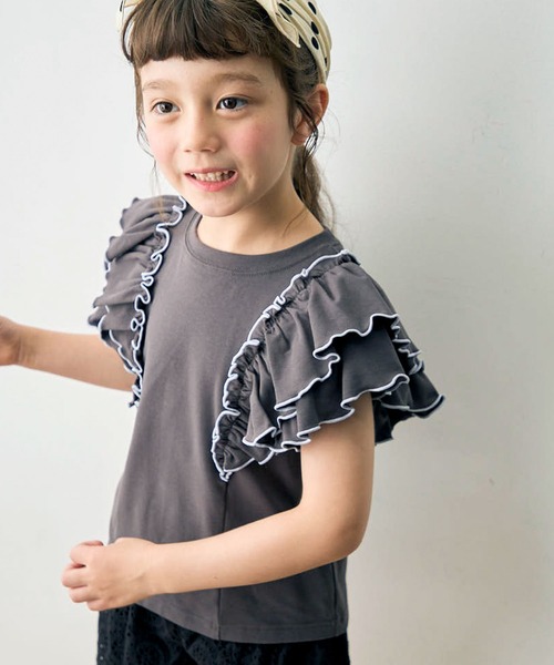 Piet（ピエット）の「肩フリルTシャツ（Tシャツ/カットソー・キッズ・オフホワイト/チャコールグレー・120/130/110/100）」の2枚目の写真