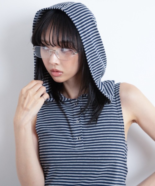 3.3 Field Trip (3.3フィールドトリップ)の「3.3 Field Trip/ボーダーフーディーノースリーブトップス(Tシャツ/カットソー・レディース・ブラック/ネイビー/グレー/イエロー・FREE)」の4枚目の写真