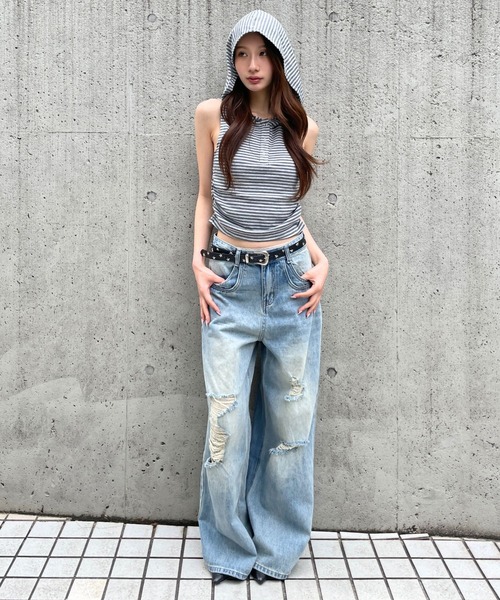 3.3 Field Trip (3.3フィールドトリップ)の「3.3 Field Trip/ボーダーフーディーノースリーブトップス(Tシャツ/カットソー・レディース・ブラック/ネイビー/グレー/イエロー・FREE)」の5枚目の写真