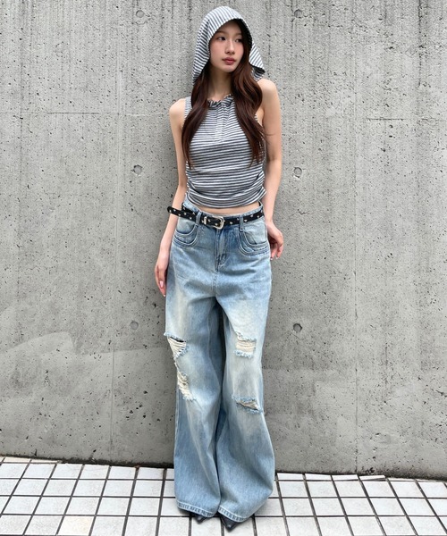 3.3 Field Trip (3.3フィールドトリップ)の「3.3 Field Trip/ボーダーフーディーノースリーブトップス(Tシャツ/カットソー・レディース・ブラック/ネイビー/グレー/イエロー・FREE)」の6枚目の写真