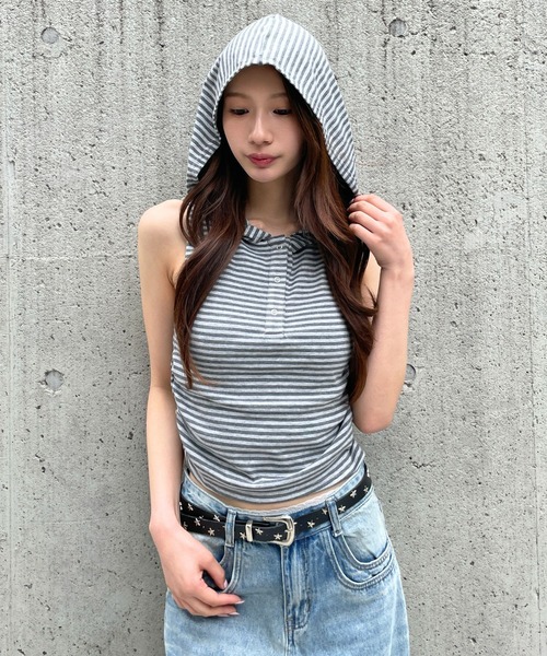 3.3 Field Trip (3.3フィールドトリップ)の「3.3 Field Trip/ボーダーフーディーノースリーブトップス(Tシャツ/カットソー・レディース・ブラック/ネイビー/グレー/イエロー・FREE)」の8枚目の写真