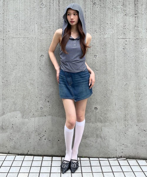 3.3 Field Trip (3.3フィールドトリップ)の「3.3 Field Trip/ボーダーフーディーノースリーブトップス(Tシャツ/カットソー・レディース・ブラック/ネイビー/グレー/イエロー・FREE)」の14枚目の写真