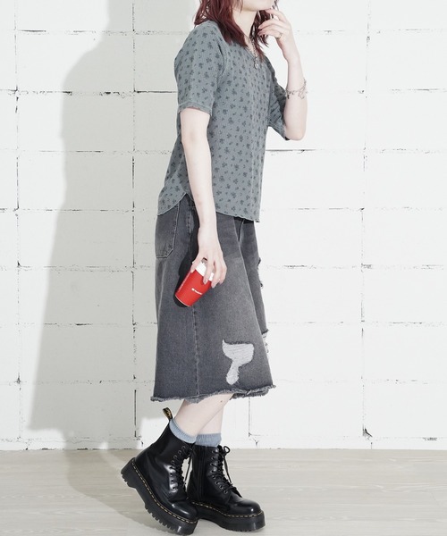 JEMORGAN（ジェーイーモーガン）の「"04"≪JEMORGAN≫パックT ワッフル 花柄 ハーフスリーブ Tシャツ ピグメント染め（Tシャツ/カットソー・レディース・グレー系1/ライトグリーン系1/イエロー系1/ダルブルー系1・FREE）」の5枚目の写真
