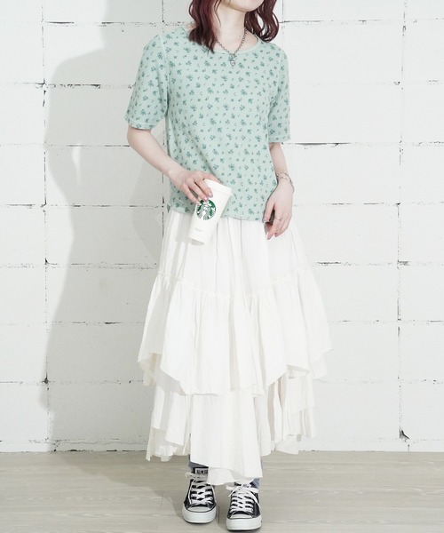 JEMORGAN（ジェーイーモーガン）の「"04"≪JEMORGAN≫パックT ワッフル 花柄 ハーフスリーブ Tシャツ ピグメント染め（Tシャツ/カットソー・レディース・グレー系1/ライトグリーン系1/イエロー系1/ダルブルー系1・FREE）」の7枚目の写真