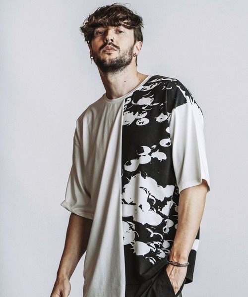 NO ID.(ノーアイディ)の「【NO ID.】Asymmetry Print T-Shirt / アシンメトリー プリント Tシャツ(Tシャツ/カットソー・メンズ・ブラック/ホワイト・ONE SIZE)」の18枚目の写真