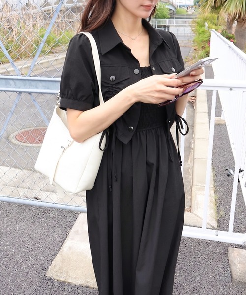SpRay(スプレイ)の「【セットアップ/着回し抜群】シャーリングジャケットxキャミワンピース(ワンピース・レディース・ブラック/チャコールグレー/ベージュ/ネイビー/ブラウン/ダークカーキ・FREE)」の2枚目の写真