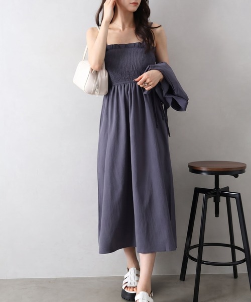 SpRay(スプレイ)の「【セットアップ/着回し抜群】シャーリングジャケットxキャミワンピース(ワンピース・レディース・ブラック/チャコールグレー/ベージュ/ネイビー/ブラウン/ダークカーキ・FREE)」の11枚目の写真