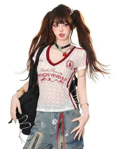Ritzy(リッツィー)の「Y2K 刺繍 透け感レース フィット T シャツ(Tシャツ/カットソー・レディース・ホワイト/ブラック・M/L)」の1枚目の写真