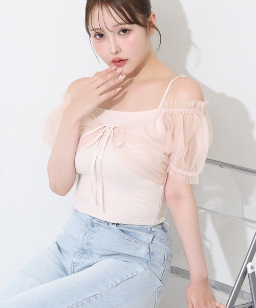 one after another NICE CLAUP（ワンアフターアナザーナイスクラップ）の「チュールドッキングニット（ニット/セーター・レディース・サックスブルー/ブラック/ピンク・FREE）」の8枚目の写真