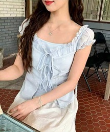 【WEB限定】ドッキング風ドット柄リボンカットソー［骨格ウェーブ／フェミニン／甘めトップス／韓国ファッション］