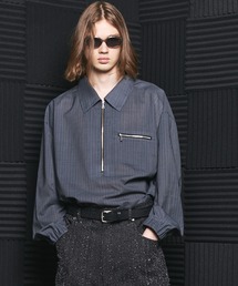 《UNISEX》T/W Sheer Stripe Prime-Over Half-Zip Pullover Shirt/T/Wシアーストライププライムオーバーハーフジッププルオーバーシャツ【MAISON SPECIAL/メゾンスペシャル】