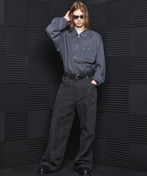 MAISON SPECIAL(メゾンスペシャル)の「《UNISEX》T/W Sheer Stripe Prime-Over Half-Zip Pullover Shirt/T/Wシアーストライププライムオーバーハーフジッププルオーバーシャツ【MAISON SPECIAL/メゾンスペシャル】(シャツ/ブラウス・メンズ・ブラック/グレー・2/1/0)」の3枚目の写真