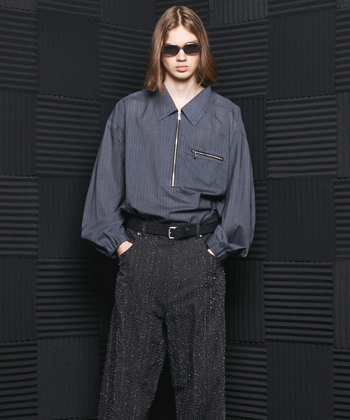 MAISON SPECIAL(メゾンスペシャル)の「《UNISEX》T/W Sheer Stripe Prime-Over Half-Zip Pullover Shirt/T/Wシアーストライププライムオーバーハーフジッププルオーバーシャツ【MAISON SPECIAL/メゾンスペシャル】(シャツ/ブラウス・メンズ・ブラック/グレー・2/1/0)」の6枚目の写真