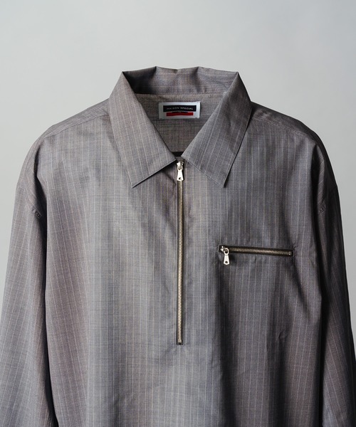 MAISON SPECIAL(メゾンスペシャル)の「《UNISEX》T/W Sheer Stripe Prime-Over Half-Zip Pullover Shirt/T/Wシアーストライププライムオーバーハーフジッププルオーバーシャツ【MAISON SPECIAL/メゾンスペシャル】(シャツ/ブラウス・メンズ・ブラック/グレー・2/1/0)」の12枚目の写真