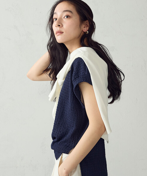 COMME CA ISM（コムサイズム）の「膨れジャガード フレンチスリーブTシャツ（Tシャツ/カットソー・レディース・グレイッシュベージュ/ホワイト/ネイビー・FREE）」の20枚目の写真