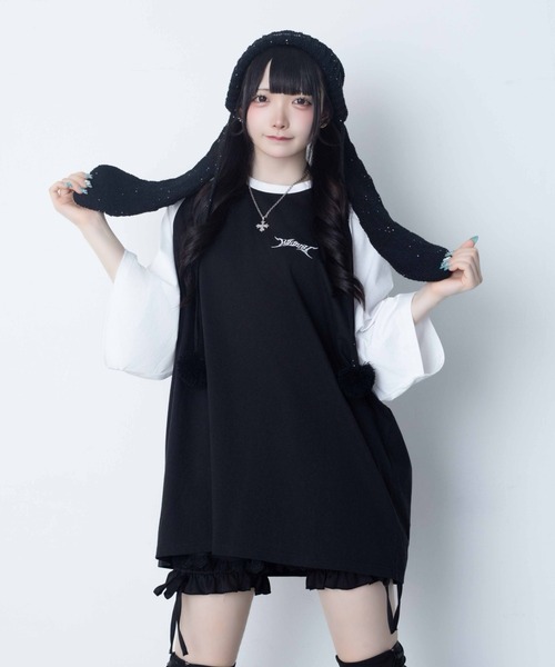 Whinny(ホワイニー)の「Whinny/【2026夏新作♪】闇うさぎ大懐きティー(Tシャツ/カットソー・レディース・ブラック/サックスブルー/ホワイト・FREE)」の6枚目の写真