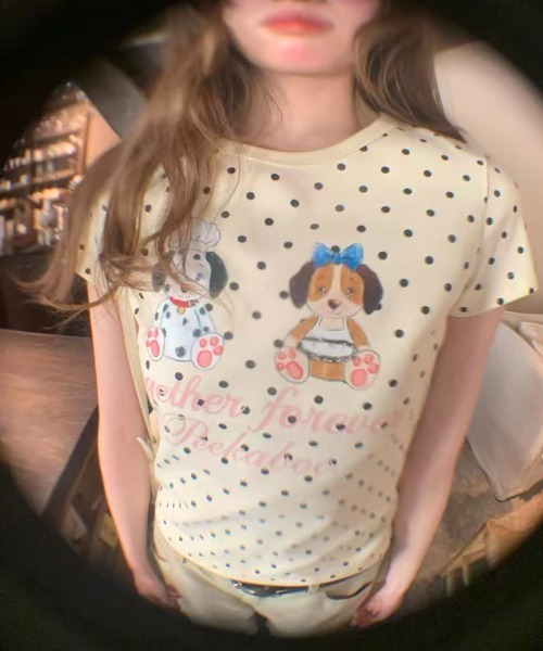 Achic(アシック)の「ドット柄ドッグプリント半袖Tシャツ(Tシャツ/カットソー・レディース・アイボリー/グレー・M)」の14枚目の写真