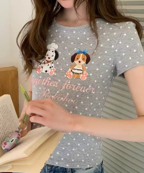 Achic(アシック)の「ドット柄ドッグプリント半袖Tシャツ(Tシャツ/カットソー・レディース・アイボリー/グレー・M)」の18枚目の写真