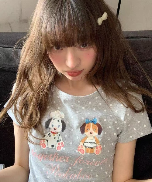 Achic(アシック)の「ドット柄ドッグプリント半袖Tシャツ(Tシャツ/カットソー・レディース・アイボリー/グレー・M)」の21枚目の写真